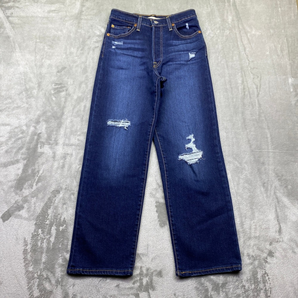 Levis Ribcage Straight Ankle Jeans Dark Wash Distressed Sz 26 Grunge Big E Retro